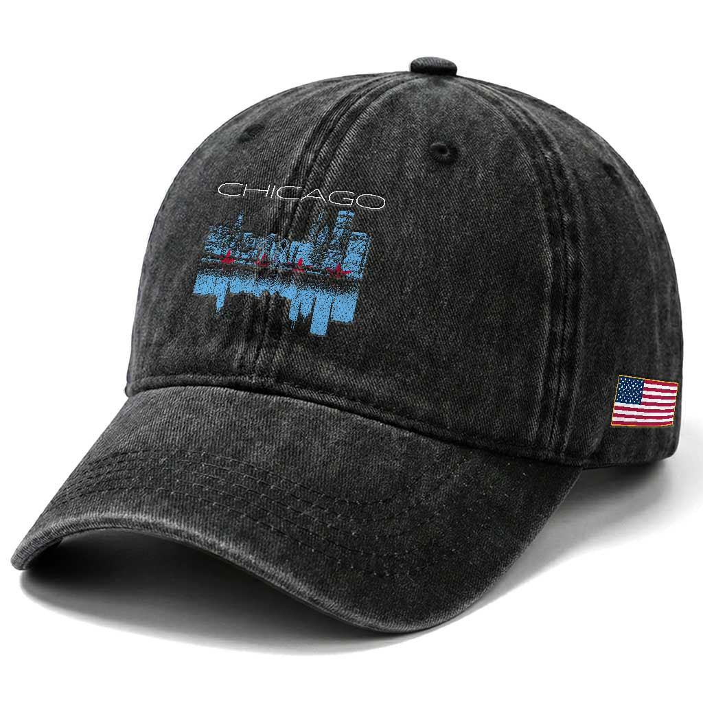 Chicago City Skyline Night Lights Washed Cotton Baseball Cap TS14 Print Your Wear