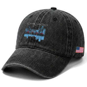 Chicago City Skyline Night Lights Washed Cotton Baseball Cap TS14 Print Your Wear