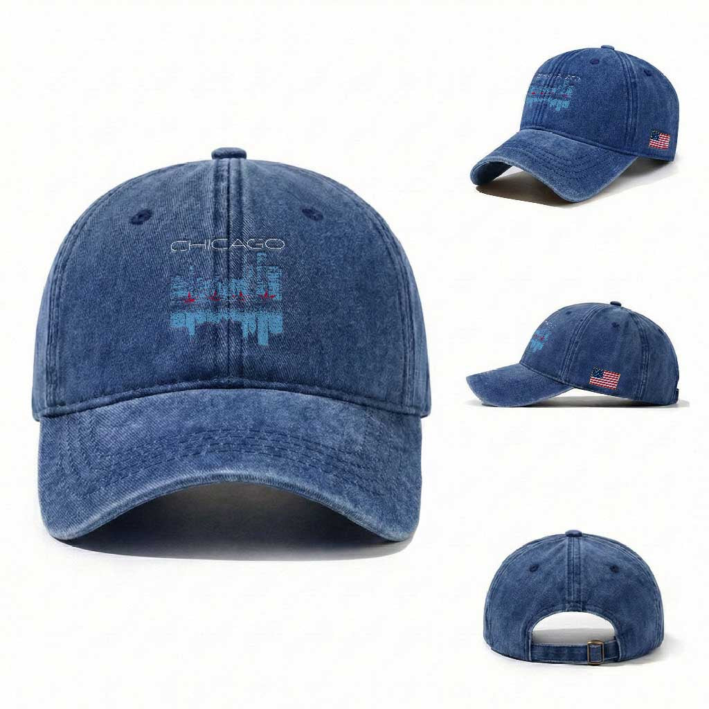 Chicago City Skyline Night Lights Washed Cotton Baseball Cap TS14 Washed Cap Universal Fit Royal Blue Print Your Wear
