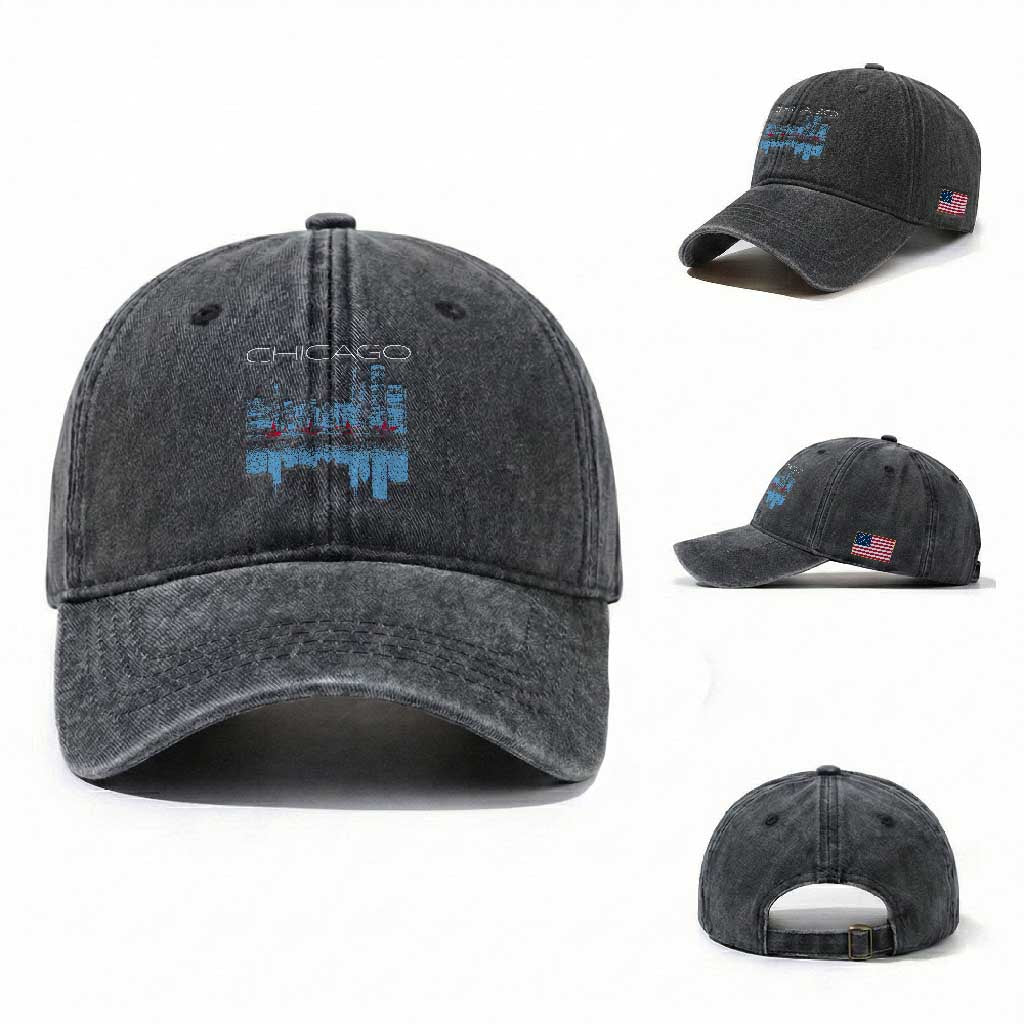 Chicago City Skyline Night Lights Washed Cotton Baseball Cap TS14 Washed Cap Universal Fit Dark Gray Print Your Wear