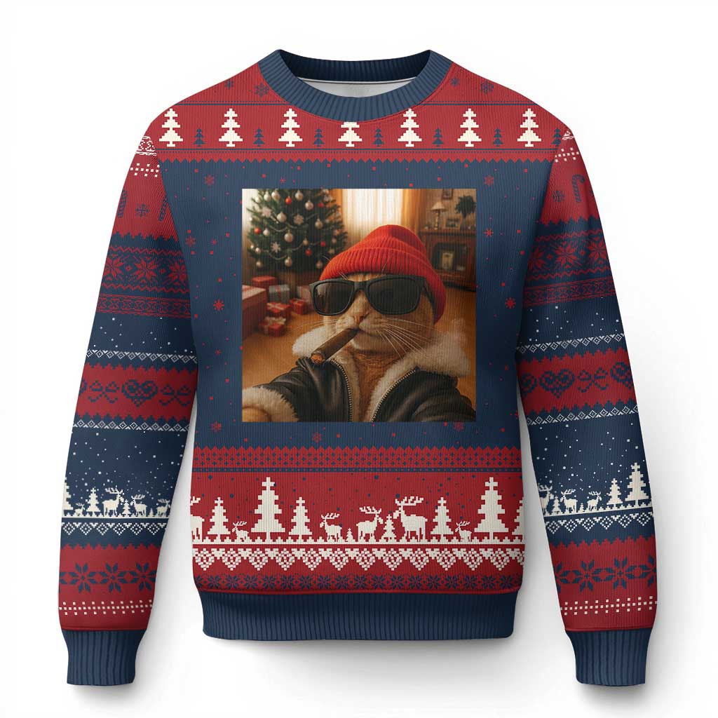 Funny Gangster Cats Xmas Ugly Christmas Sweater Smoking Kitten Meme TS14 Navy Red Print Your Wear