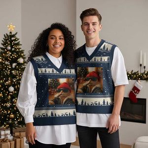 Funny Gangster Cats Xmas V-Neck Knit Sweater Vest Smoking Kitten Meme TS14 Navy Beige Print Your Wear