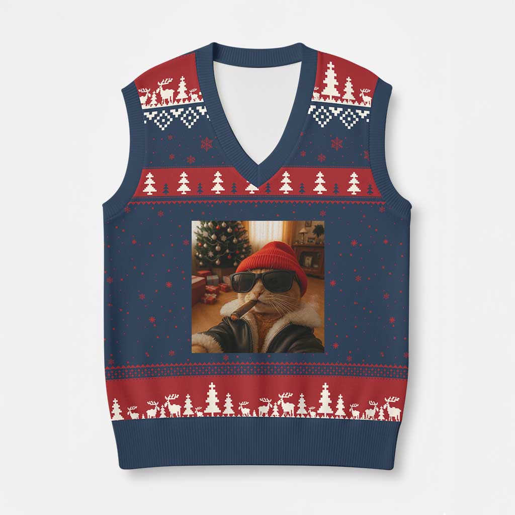Funny Gangster Cats Xmas V-Neck Knit Sweater Vest Smoking Kitten Meme TS14 Navy Red Print Your Wear