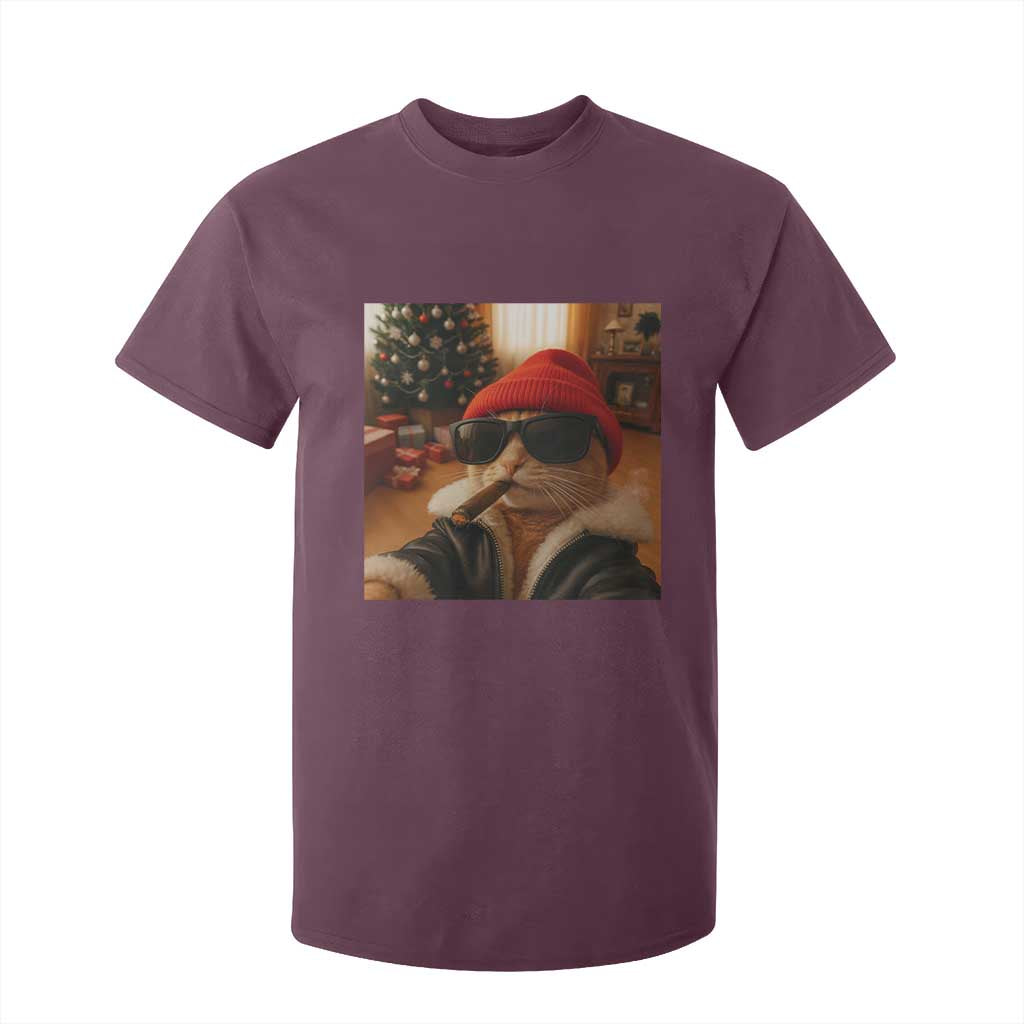 Funny Gangster Cats Christmas T Shirt For Kid Smoking Kitten Meme TS14 Maroon Print Your Wear