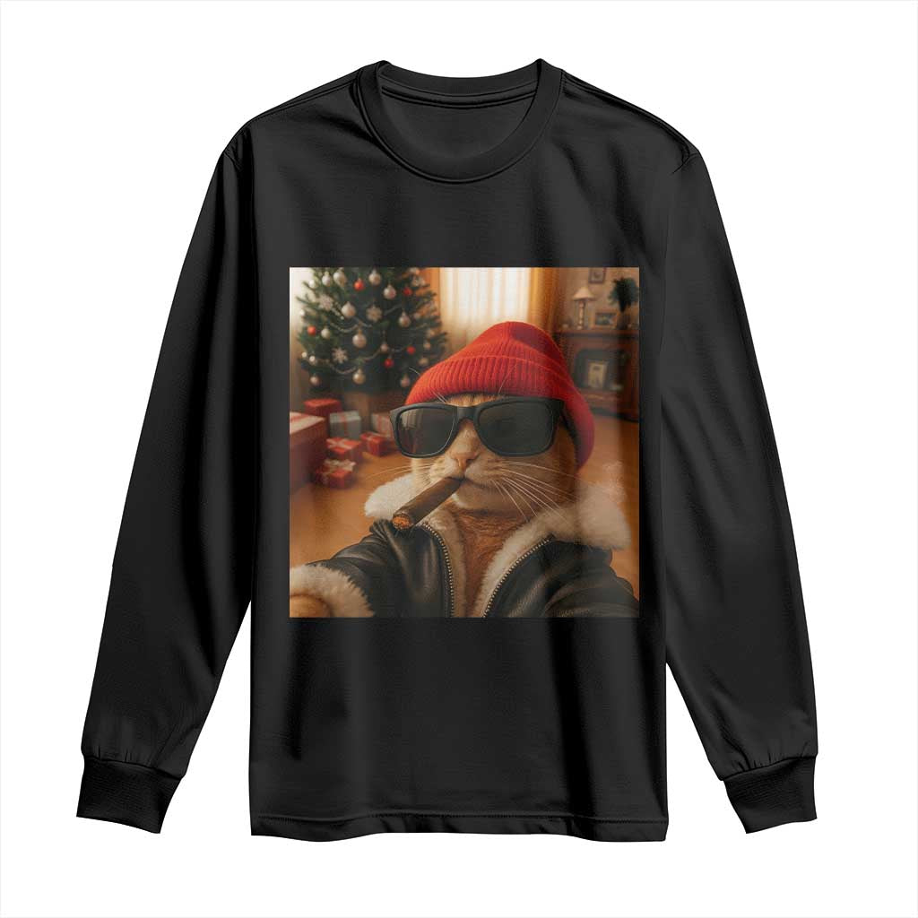 Funny Gangster Cats Christmas Long Sleeve Shirt Smoking Kitten Meme - Print Your Wear