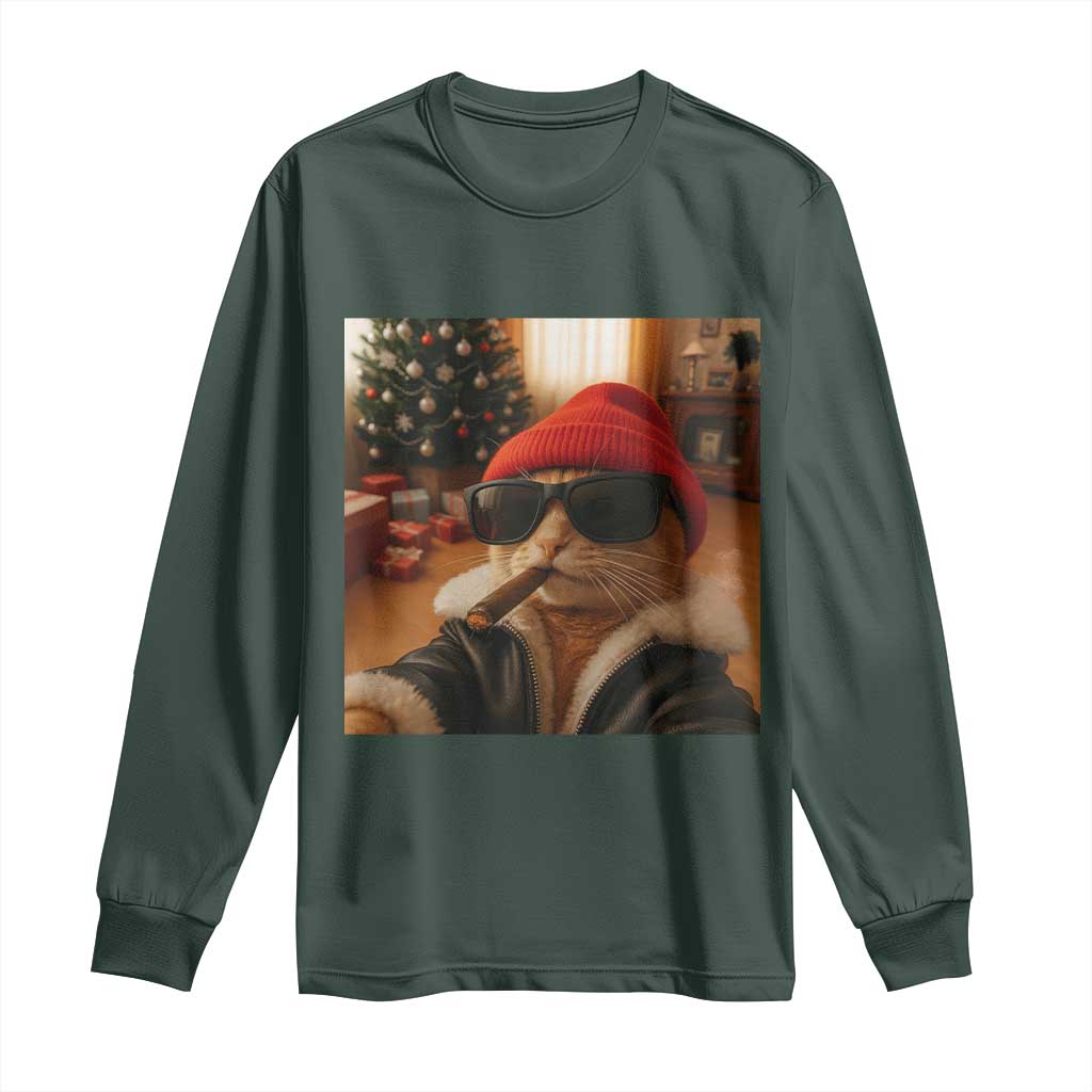 Funny Gangster Cats Christmas Long Sleeve Shirt Smoking Kitten Meme TS14 Dark Forest Green Print Your Wear