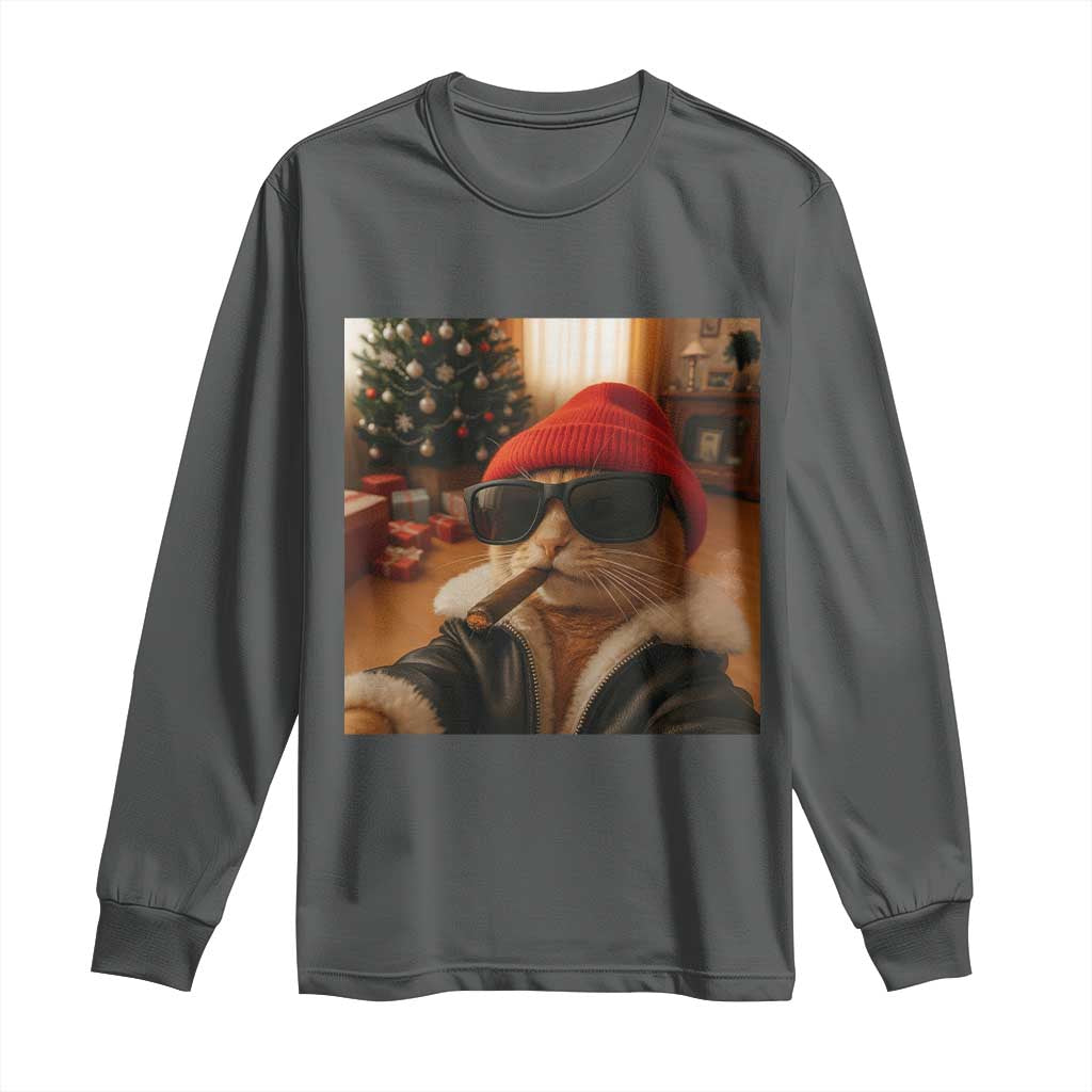 Funny Gangster Cats Christmas Long Sleeve Shirt Smoking Kitten Meme TS14 Dark Heather Print Your Wear