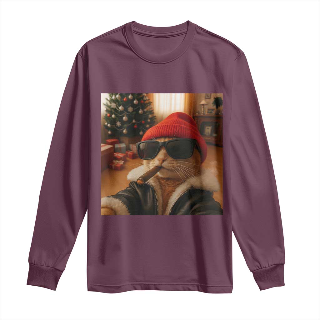 Funny Gangster Cats Christmas Long Sleeve Shirt Smoking Kitten Meme TS14 Maroon Print Your Wear
