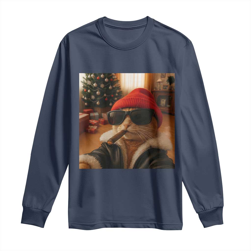 Funny Gangster Cats Christmas Long Sleeve Shirt Smoking Kitten Meme TS14 Navy Print Your Wear