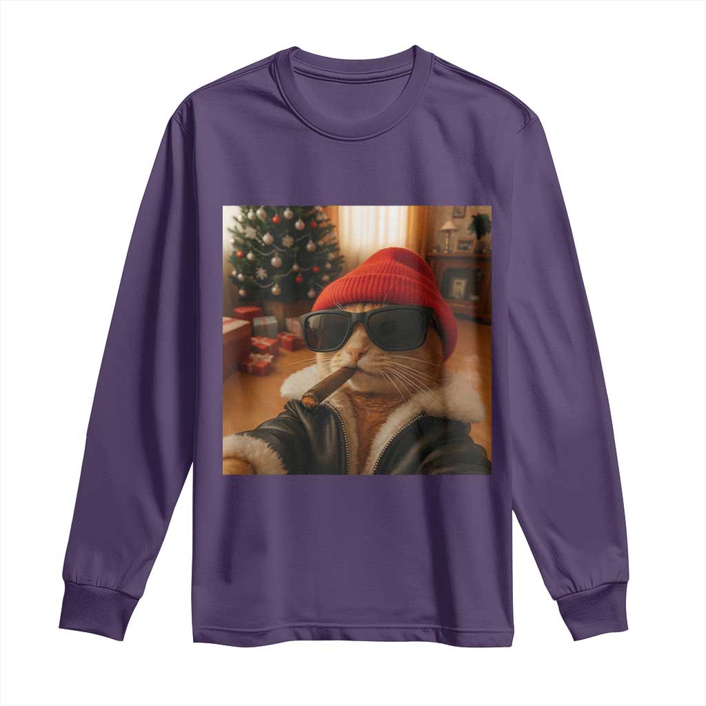 Funny Gangster Cats Christmas Long Sleeve Shirt Smoking Kitten Meme TS14 Purple Print Your Wear
