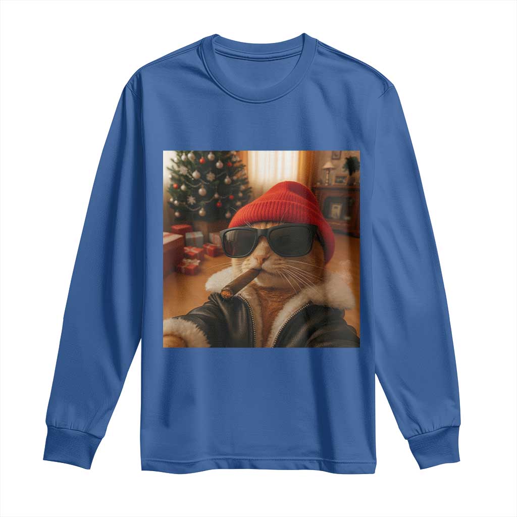 Funny Gangster Cats Christmas Long Sleeve Shirt Smoking Kitten Meme TS14 Royal Blue Print Your Wear