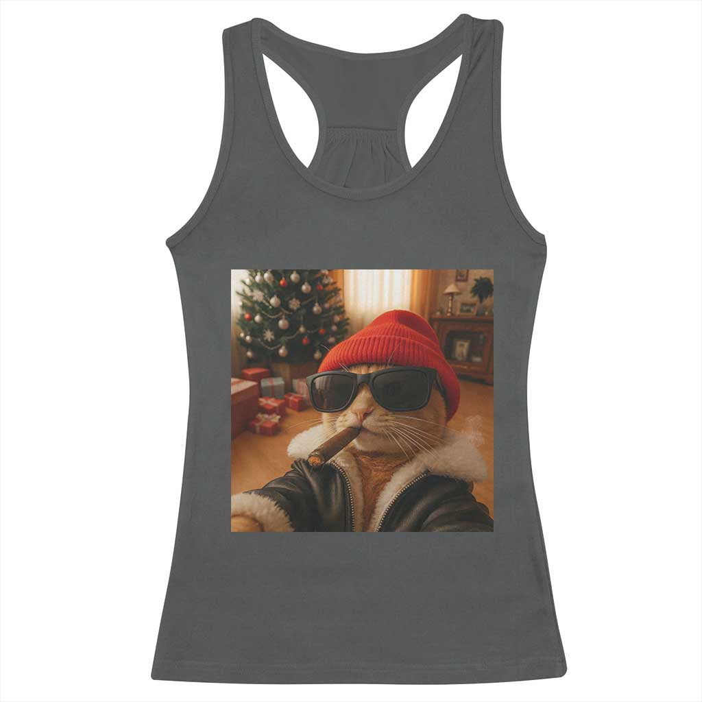 Funny Gangster Cats Christmas Racerback Tank Top Smoking Kitten Meme TS14 Dark Heather Print Your Wear