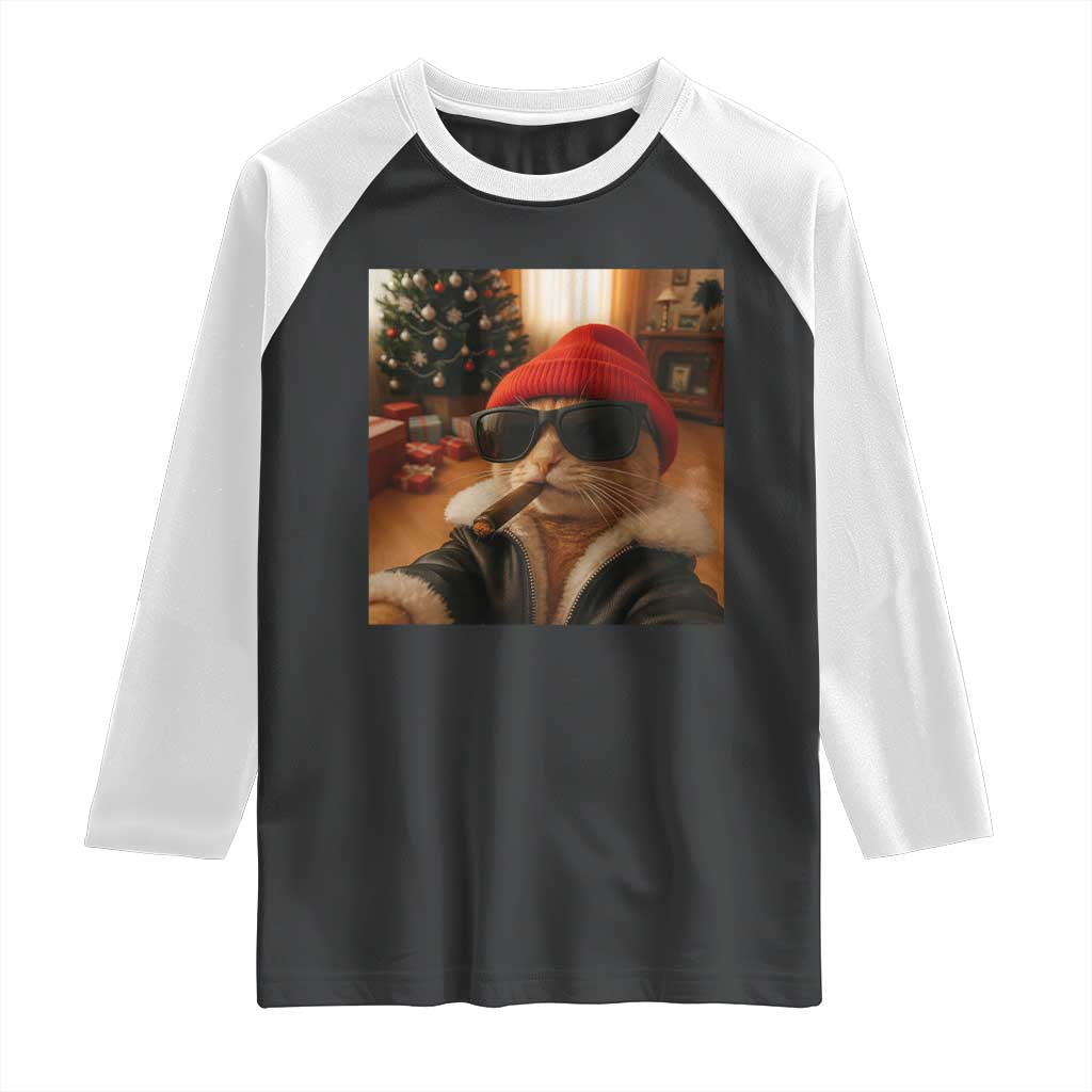 Funny Gangster Cats Christmas Raglan Shirt Smoking Kitten Meme TS14 Black White Print Your Wear