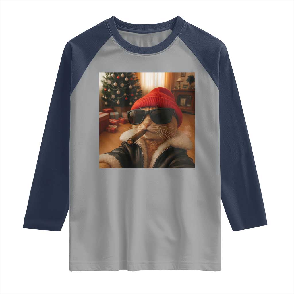 Funny Gangster Cats Christmas Raglan Shirt Smoking Kitten Meme TS14 Sport Gray Navy Print Your Wear