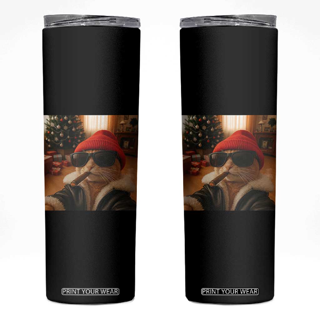 Funny Gangster Cats Christmas Skinny Tumbler Smoking Kitten Meme TS14 Black Print Your Wear
