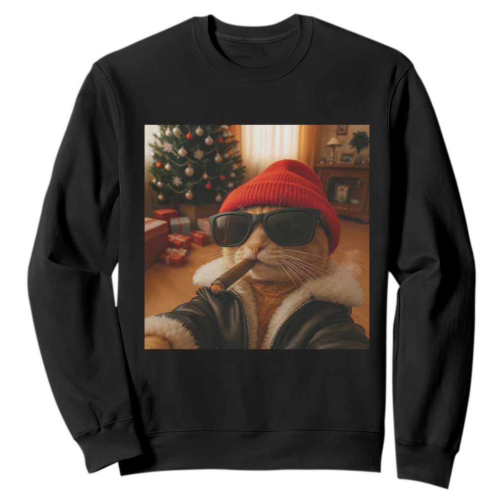 Funny Gangster Cats Christmas Sweatshirt Smoking Kitten Meme - Print Your Wear