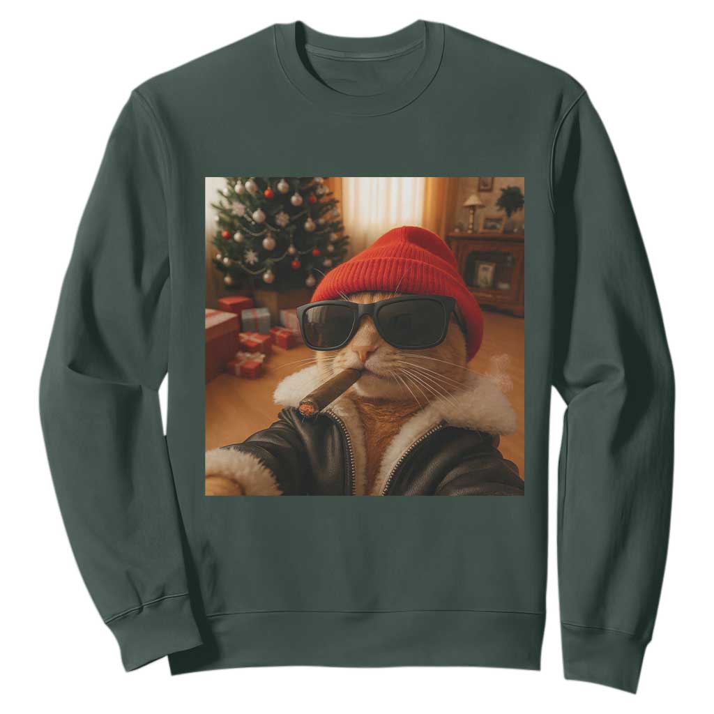Funny Gangster Cats Christmas Sweatshirt Smoking Kitten Meme TS14 Dark Forest Green Print Your Wear