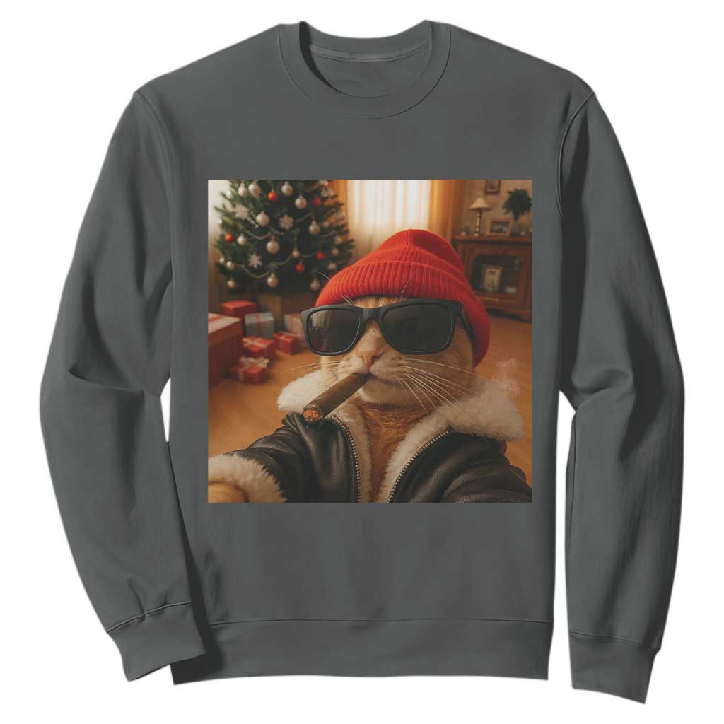 Funny Gangster Cats Christmas Sweatshirt Smoking Kitten Meme TS14 Dark Heather Print Your Wear