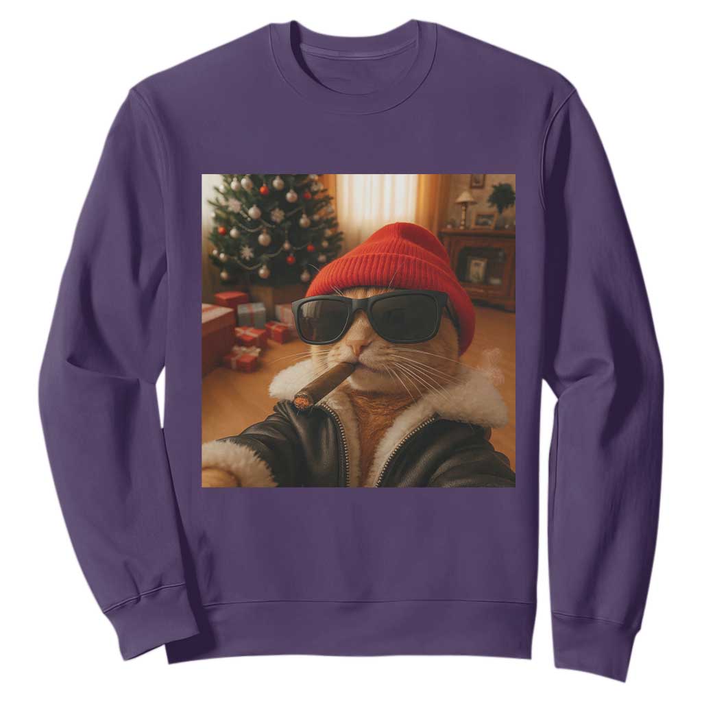 Funny Gangster Cats Christmas Sweatshirt Smoking Kitten Meme TS14 Purple Print Your Wear