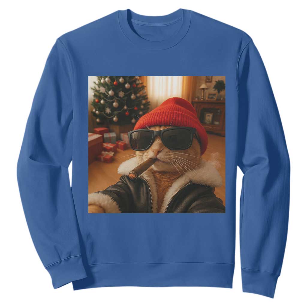 Funny Gangster Cats Christmas Sweatshirt Smoking Kitten Meme TS14 Royal Blue Print Your Wear