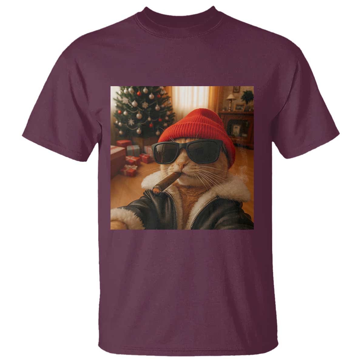 Funny Gangster Cats Christmas T Shirt Smoking Kitten Meme TS14 Maroon Print Your Wear