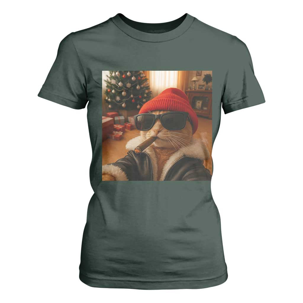 Funny Gangster Cats Christmas T Shirt For Women Smoking Kitten Meme TS14 Dark Forest Green Print Your Wear