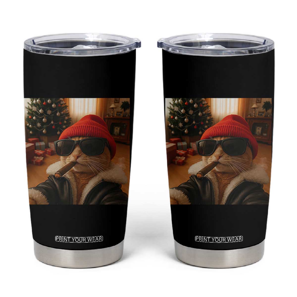 Funny Gangster Cats Christmas Tumbler Cup Smoking Kitten Meme TS14 Black Print Your Wear