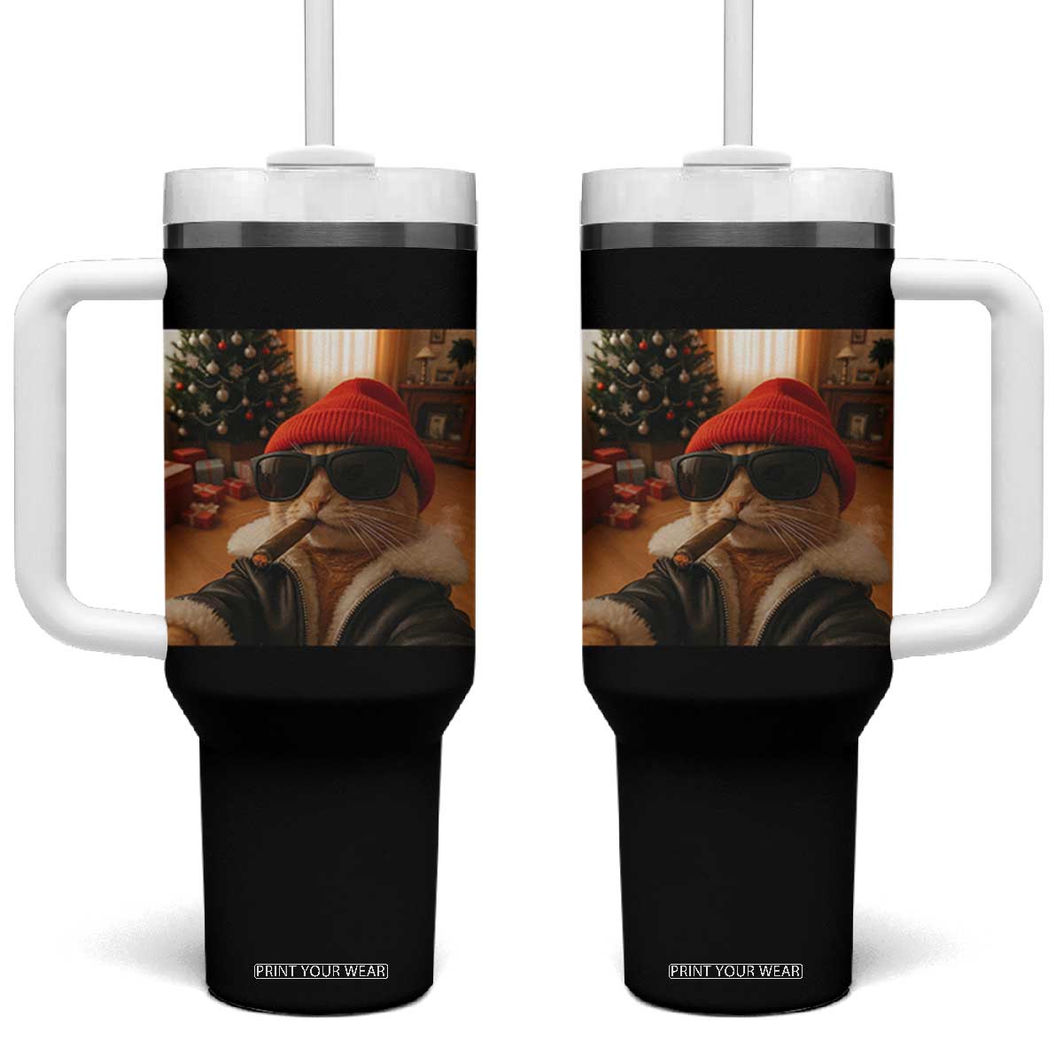 Funny Gangster Cats Christmas Tumbler With Handle Smoking Kitten Meme - Print Your Wear