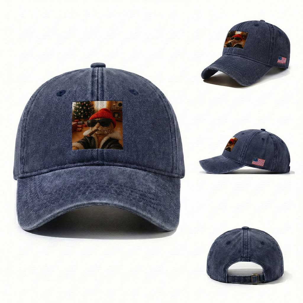 Funny Gangster Cats Christmas Washed Cotton Baseball Cap Smoking Kitten Meme TS14 Washed Cap Universal Fit Navy Print Your Wear