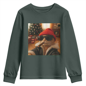 Funny Gangster Cats Christmas Youth Sweatshirt Smoking Kitten Meme TS14 Dark Forest Green Print Your Wear