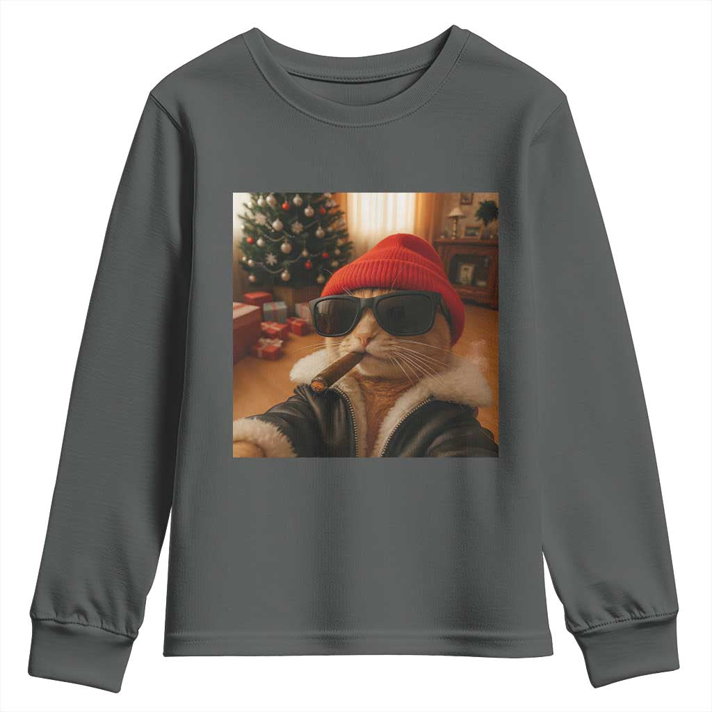 Funny Gangster Cats Christmas Youth Sweatshirt Smoking Kitten Meme TS14 Dark Heather Print Your Wear