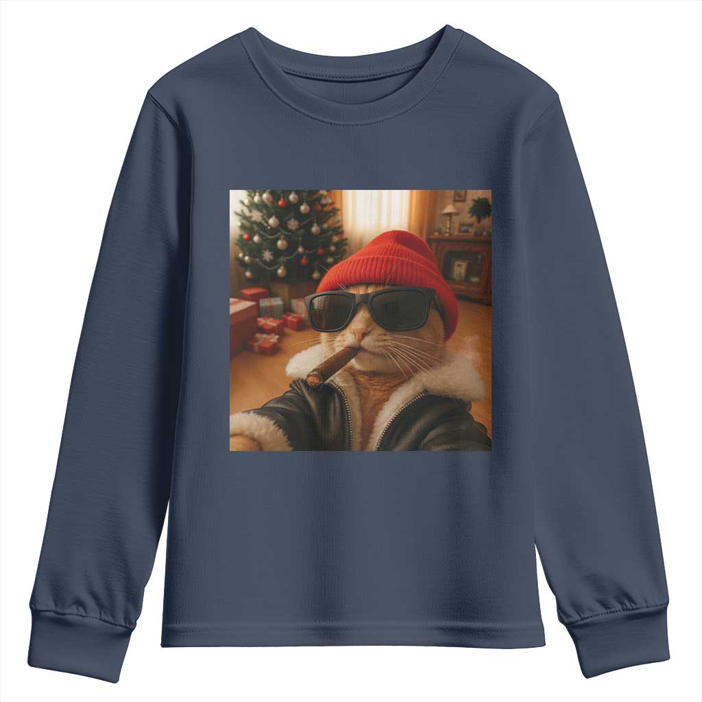Funny Gangster Cats Christmas Youth Sweatshirt Smoking Kitten Meme TS14 Navy Print Your Wear