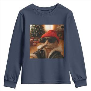 Funny Gangster Cats Christmas Youth Sweatshirt Smoking Kitten Meme TS14 Navy Print Your Wear