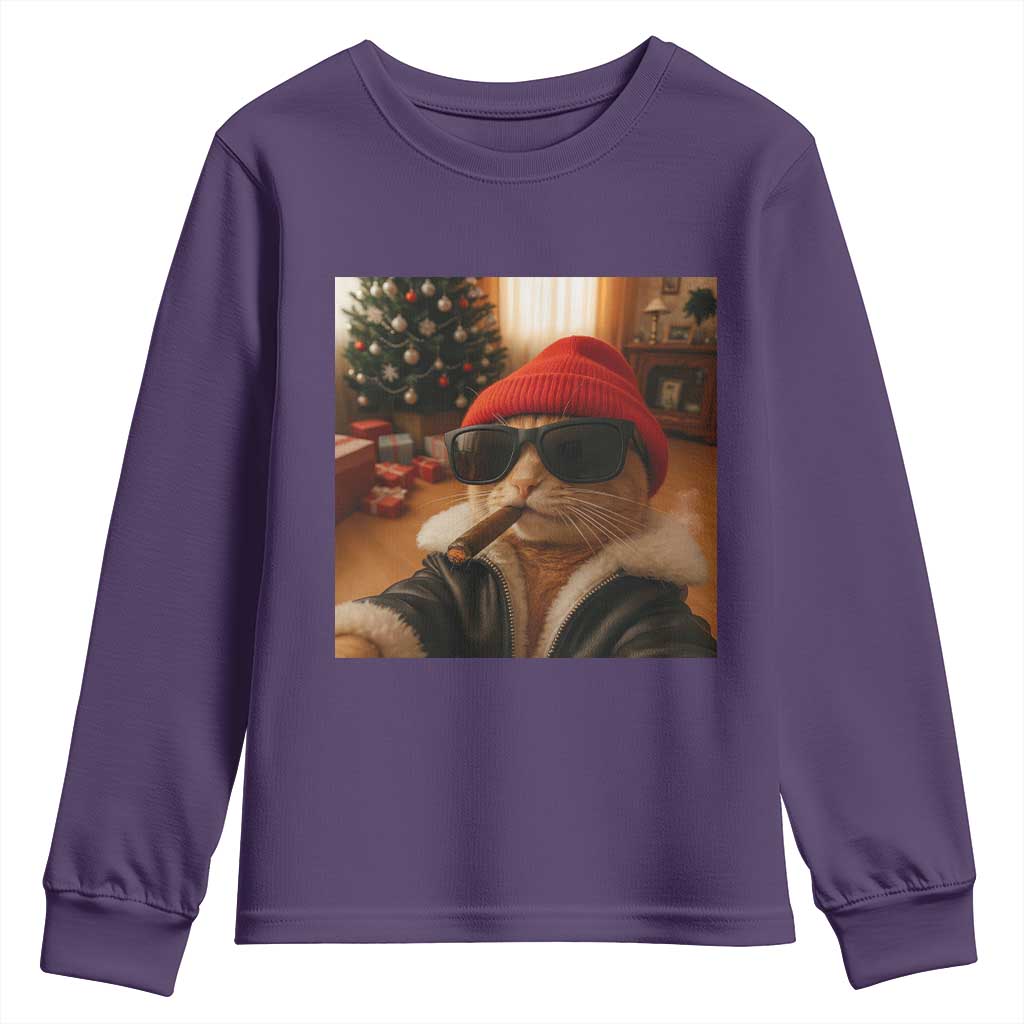 Funny Gangster Cats Christmas Youth Sweatshirt Smoking Kitten Meme TS14 Purple Print Your Wear