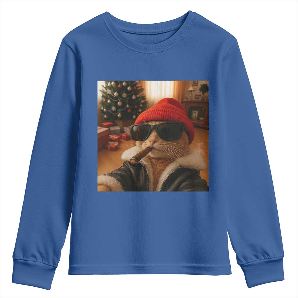 Funny Gangster Cats Christmas Youth Sweatshirt Smoking Kitten Meme TS14 Royal Blue Print Your Wear