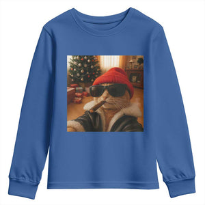 Funny Gangster Cats Christmas Youth Sweatshirt Smoking Kitten Meme TS14 Royal Blue Print Your Wear