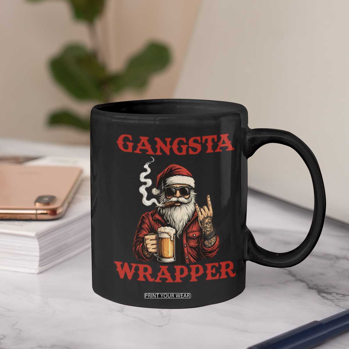 Funny Santa Drinking Beer Christmas Coffee Mug Gangster Rock On Hand Xmas TS14 Print Your Wear