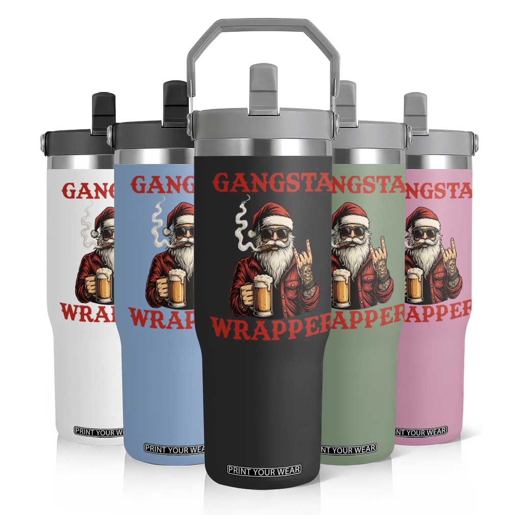 Funny Santa Drinking Beer Christmas Flip Straw Tumbler Gangster Rock On Hand Xmas TS14 Print Your Wear