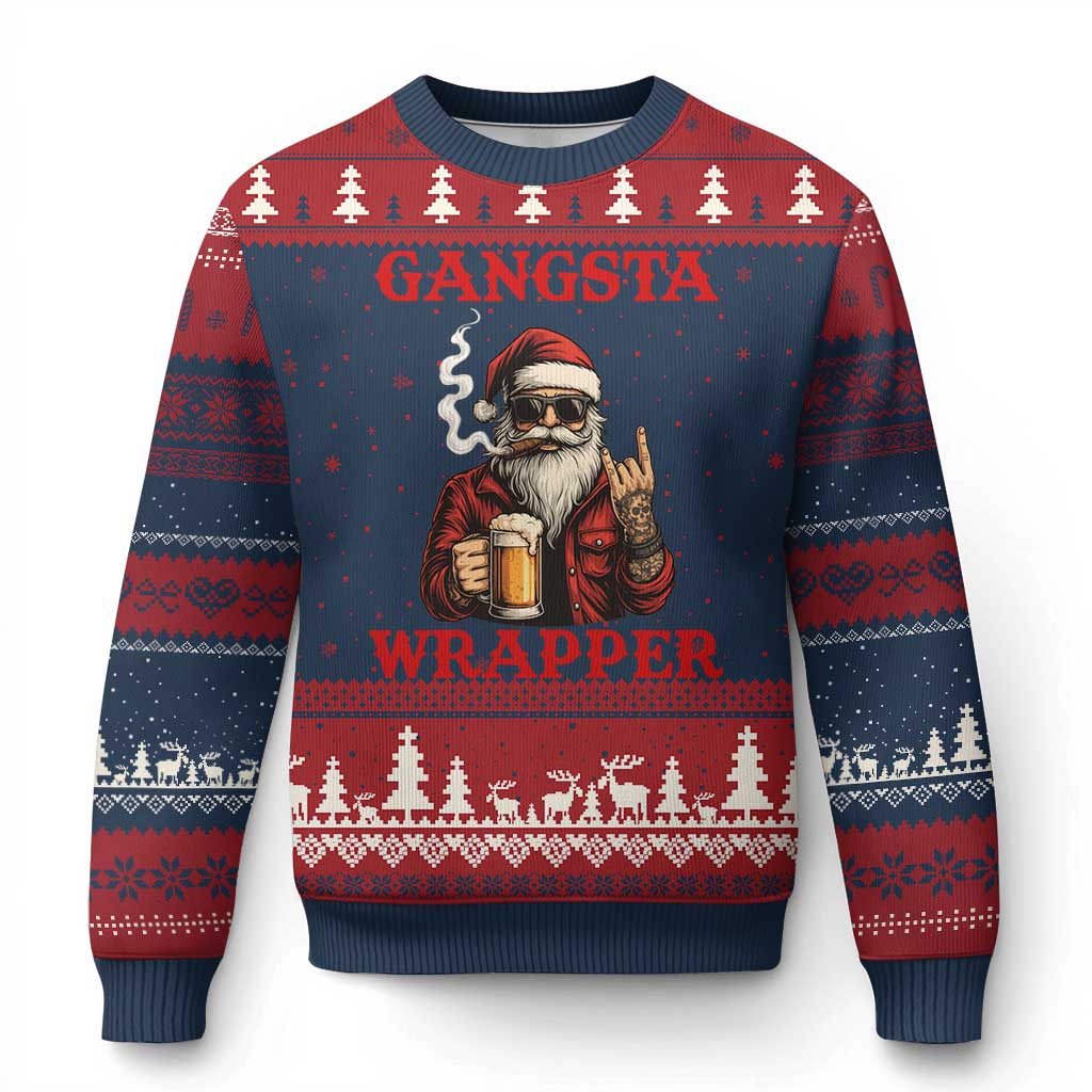 Funny Santa Drinking Beer Xmas Ugly Christmas Sweater Gangster Rock On Hand Xmas - Print Your Wear