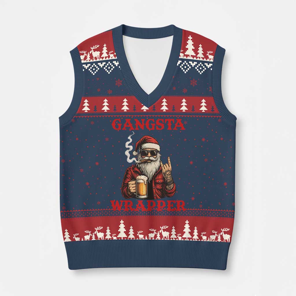 Funny Santa Drinking Beer Xmas V-Neck Knit Sweater Vest Gangster Rock On Hand Xmas TS14 Navy Red Print Your Wear