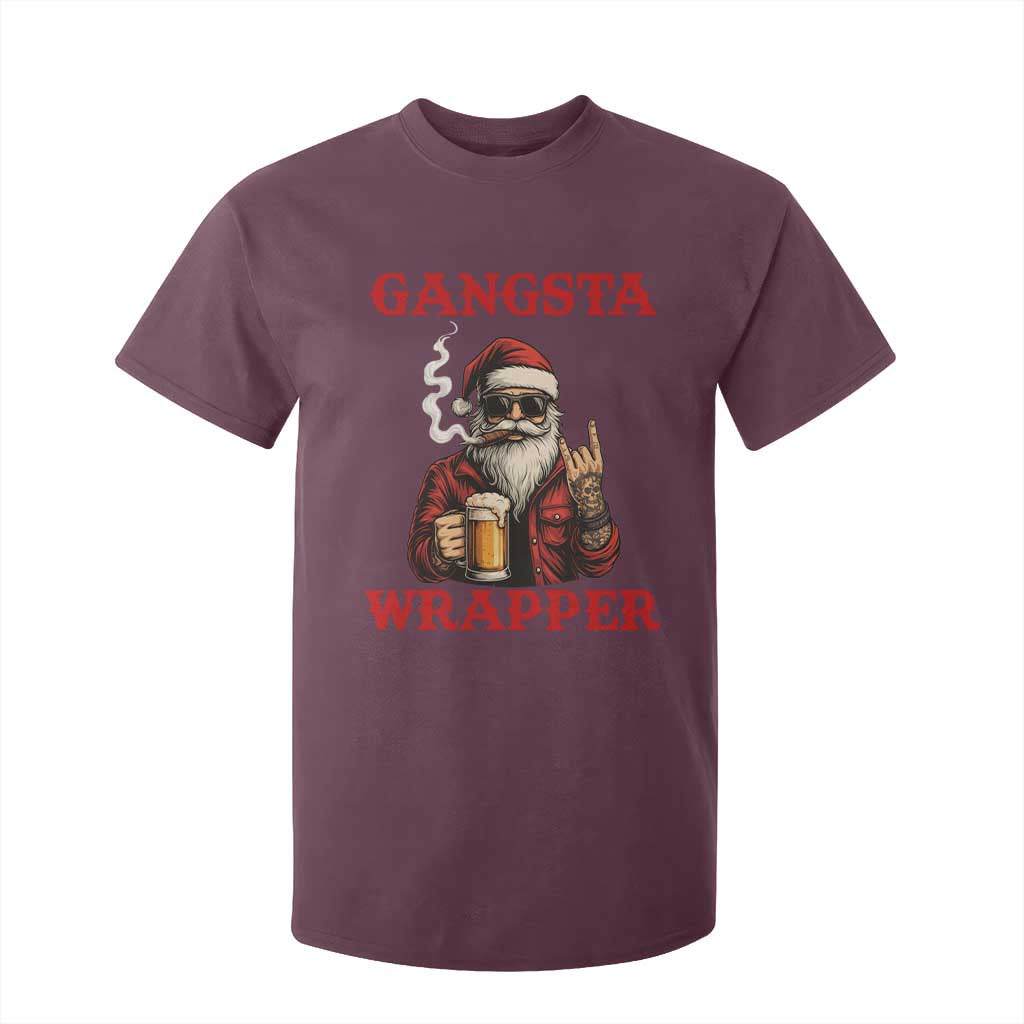 Funny Santa Drinking Beer Christmas T Shirt For Kid Gangster Rock On Hand Xmas TS14 Maroon Print Your Wear
