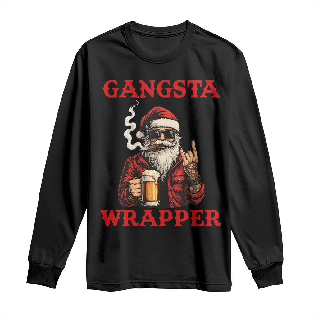 Funny Santa Drinking Beer Christmas Long Sleeve Shirt Gangster Rock On Hand Xmas - Print Your Wear