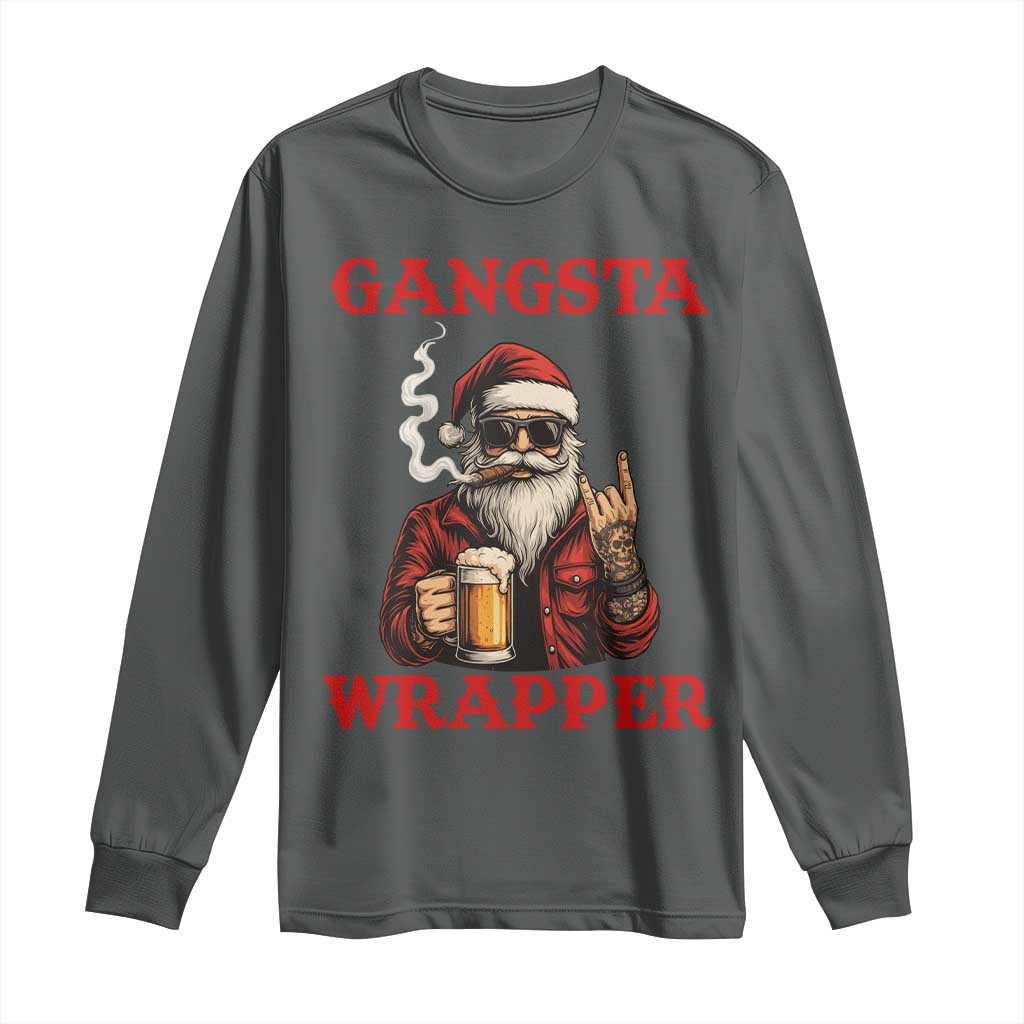 Funny Santa Drinking Beer Christmas Long Sleeve Shirt Gangster Rock On Hand Xmas TS14 Dark Heather Print Your Wear