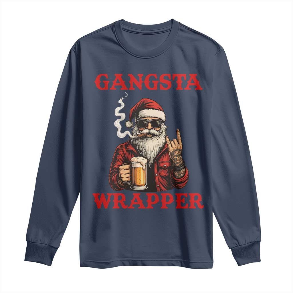 Funny Santa Drinking Beer Christmas Long Sleeve Shirt Gangster Rock On Hand Xmas TS14 Navy Print Your Wear