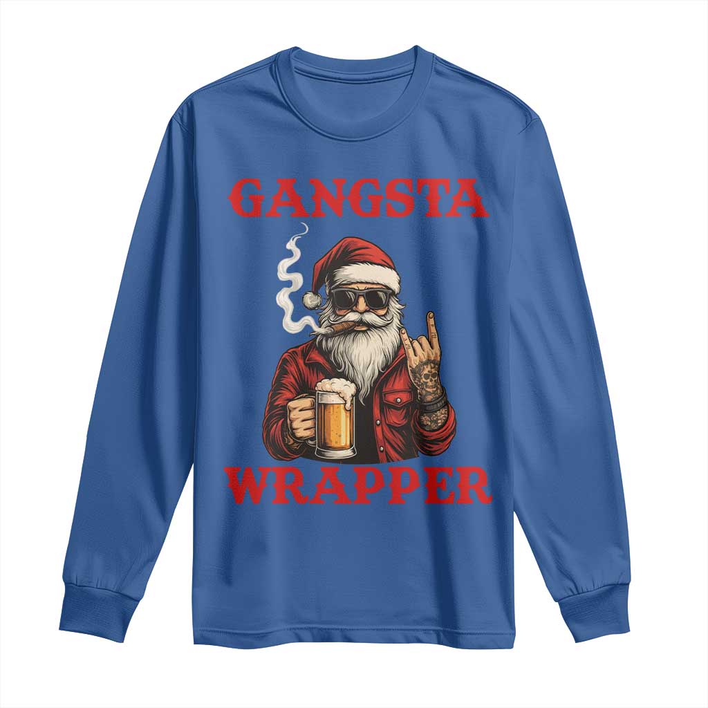 Funny Santa Drinking Beer Christmas Long Sleeve Shirt Gangster Rock On Hand Xmas TS14 Royal Blue Print Your Wear