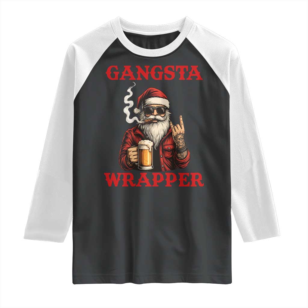 Funny Santa Drinking Beer Christmas Raglan Shirt Gangster Rock On Hand Xmas TS14 Black White Print Your Wear