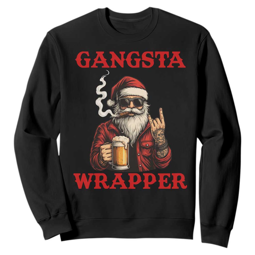 Funny Santa Drinking Beer Christmas Sweatshirt Gangster Rock On Hand Xmas - Print Your Wear