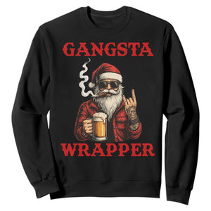 Funny Santa Drinking Beer Christmas Sweatshirt Gangster Rock On Hand Xmas - Print Your Wear