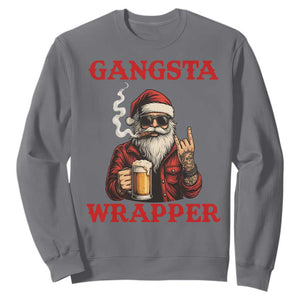 Funny Santa Drinking Beer Christmas Sweatshirt Gangster Rock On Hand Xmas - Print Your Wear