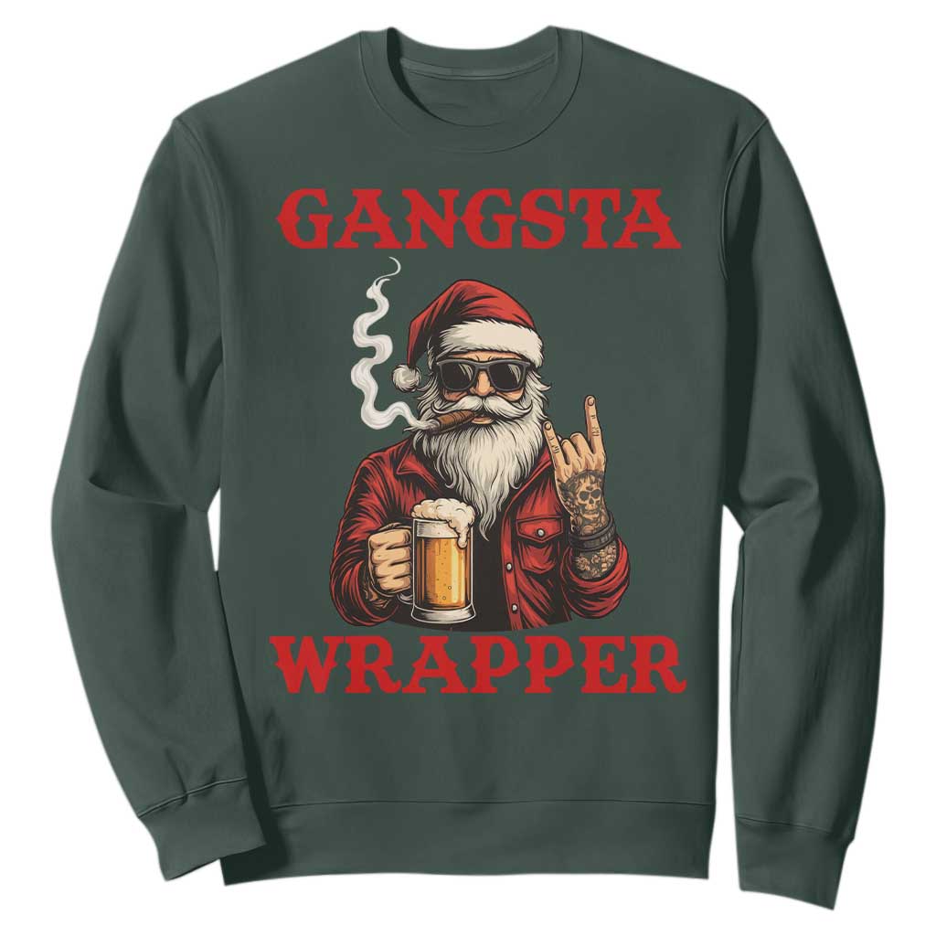 Funny Santa Drinking Beer Christmas Sweatshirt Gangster Rock On Hand Xmas TS14 Dark Forest Green Print Your Wear